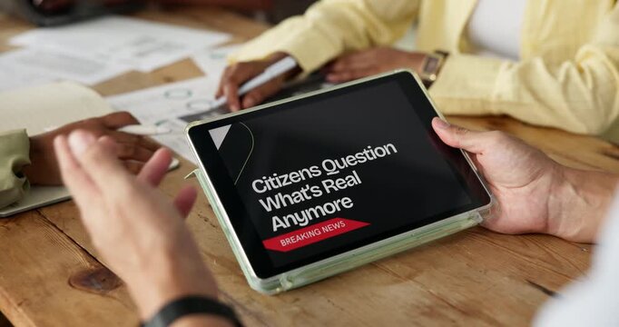 Journalist, meeting and hands with tablet screen in newsroom, research and planning feature for ai article. People, breaking news and team brainstorming with tech, audience trust or media reliability