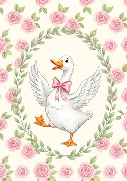 Sweet nursery art depicting a happy goose with a ribbon framed by a green wreath and pastel roses