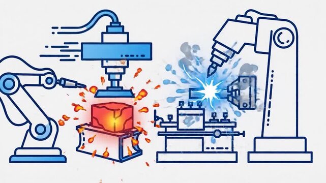 Set of animated icons showing industrial automation and machinery.
