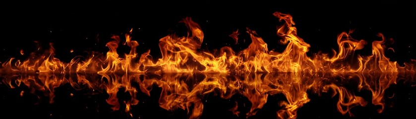 Fototapeta premium Bright orange flames stretch horizontally across a solid black background with mirrored reflection below