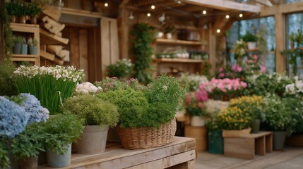 Obraz premium Inviting trimming station filled with fragrant herbs and colorful blooms, showcasing the artistry of botany in a vibrant space. Bright, harmonious setting featuring rustic wood surfaces,