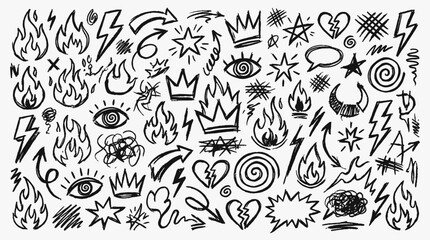 Chaotic Doodle Icons Vector &ndash; Hand-Drawn Flames, Eyes, Crowns, Lightning Bolts, and Scribbles in Black Ink for Edgy Designs, Stickers, and Urban Art Projects