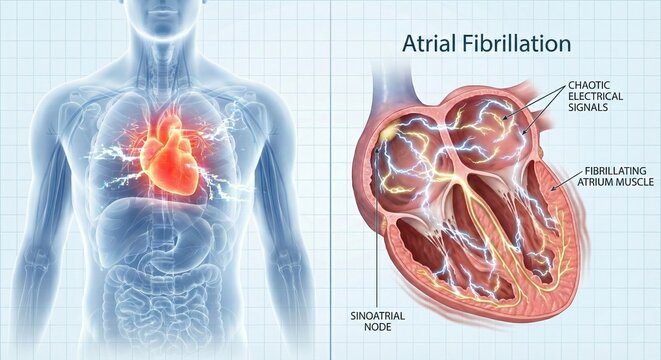Human heart atrial fibrillation medical illustration, cardiovascular disease concept.