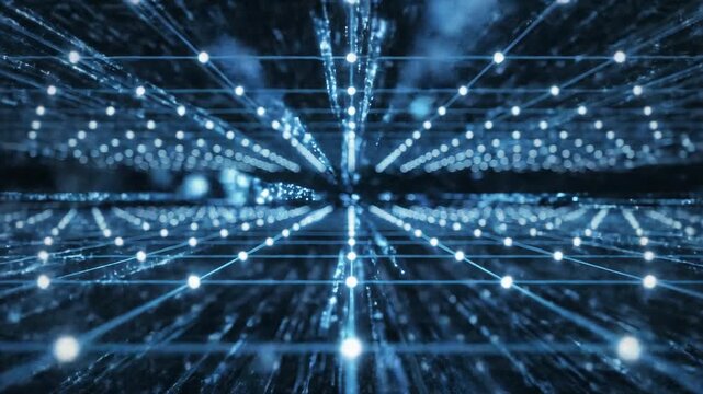 Futuristic digital landscape with glowing blue particles and grid.