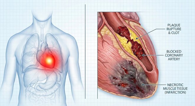 Human heart attack, blocked coronary artery, myocardial infarction illustration.