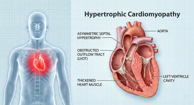 Human body scan, hypertrophic cardiomyopathy diagram, heart disease awareness.