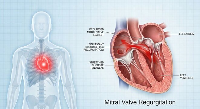 Human heart mitral valve regurgitation medical illustration.