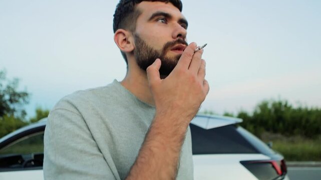 Bearded man in casual clothes enjoys a cigarette break outside near his white car, taking drags and exhaling smoke in a sequence of close-up and medium shots

