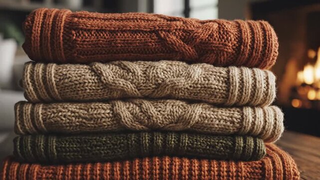 A stack of folded knitted sweaters in various warm colors sits on a wooden surface