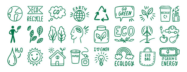 Green eco icons set collection doodle hand drawn icon. Outline drawing ecology line clipart symbol. © Yanka