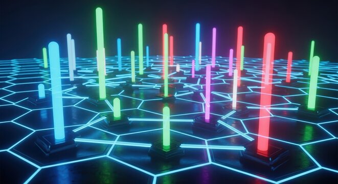 Business Strategy Skills Matrix Vibrant glowing structures structured on honeycomb pattern demonstrating city