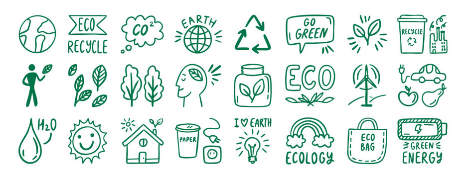 Green eco icons set collection doodle hand drawn icon. Outline drawing ecology line clipart symbol.