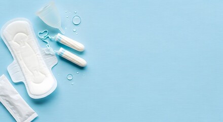 Menstrual hygiene products including sanitary pads tampons and a menstrual cup on a blue background