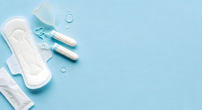 Menstrual hygiene products including sanitary pads tampons and a menstrual cup on a blue background