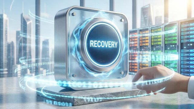Man pressing a glowing blue recovery button. Data restoration system button for disaster data recovery and digital information.