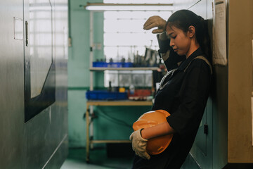 Tired woman worker hard working in heavy industry, Engineer labor female fatigue exhausted