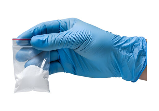 A gloved hand holds a small plastic bag containing white powder on neutral background