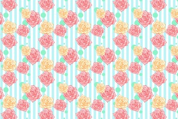Vibrant and Cheerful Seamless Floral Rose Pattern on Striped Blue Background for Decorative Design Projects