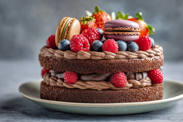 A delicious chocolate cake with fresh berries and macarons on top of it
