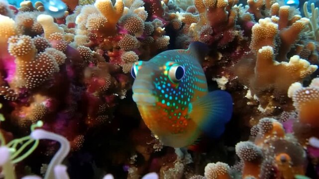 Vibrant starcks damsel amongst coral reef underwater marine life observation close up ocean wildlife