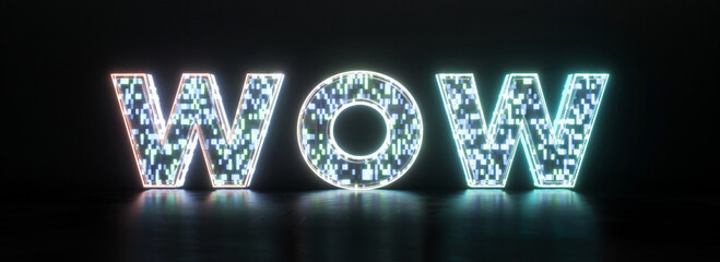 Modern Pixel Neon 3D Text "WOW" on black background with glowing effect for banner, poster, signage. © DesignSoln