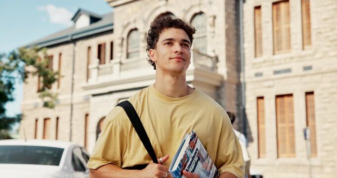 Walking, books and thinking with student outdoor for college opportunity, future and knowledge. University scholarship, vision and academy or school with person on campus for study and learning