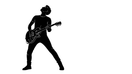 Silhouette of a man playing an electric guitar with passion.