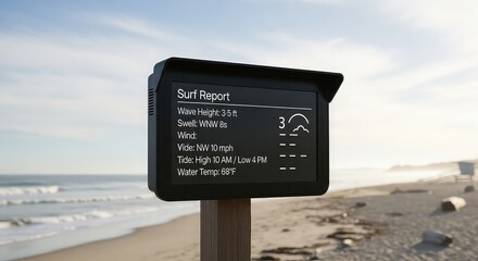 Surf report sign on beach with ocean waves and cloudy sky background