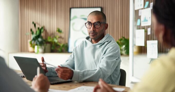 Business, meeting and man in office, conversation and pitch for story ideas, planning and copywriting. People, employees and journalist in workplace, collaboration or feedback for news report or talk
