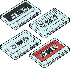 Obraz premium Four cassette tapes with different colored labels audio music vintage