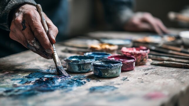 Artisan mixing natural pigments with skillful hands in an authentic creative process