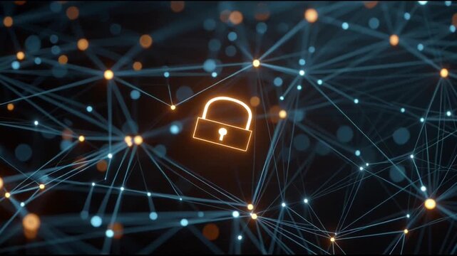 Glowing orange lock icon surrounded by connected nodes and lines on a dark background, representing data privacy and security on Data Privacy Day with a futuristic and technological mood.
