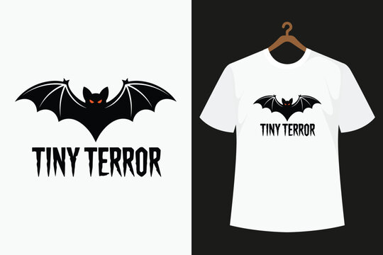 White t-shirt with black bat and tiny terror text on black background