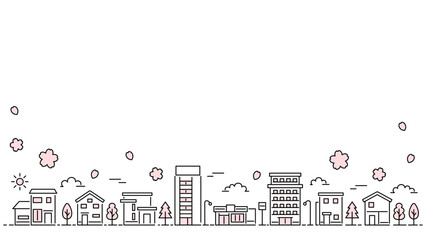 繊細な線画の桜の街並み 横長背景素材