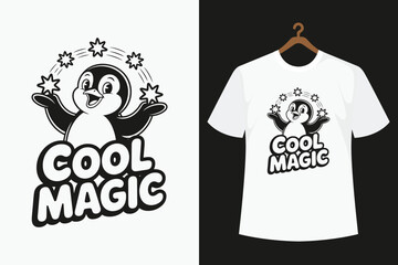 White t-shirt with black penguin and cool magic text on display text stars black and white © Montaj_A