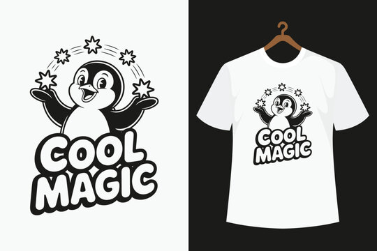 White t-shirt with black penguin and cool magic text on display text stars black and white