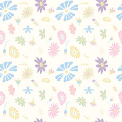 Hand drawn seamless pattern with colorful scandinavian flowers and botanical elements on cream background.