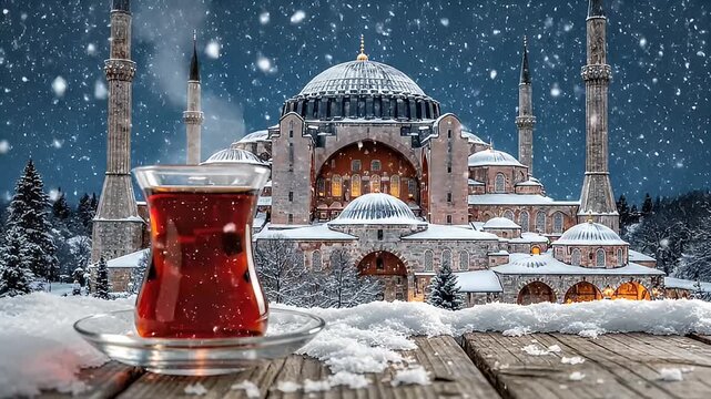 Traditional Turkish Tea in Snowfall with Hagia Sophia in Istanbul Covered in Snow