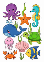 Obraz premium Friendly Octopus and Jellyfish Vector - Fun Underwater Characters. Whimsical illustration of a purple octopus and a glowing jellyfish.