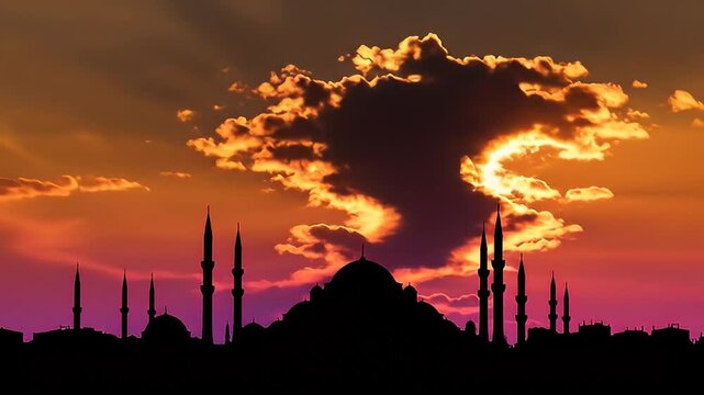 Stunning silhouette of a mosque against a vibrant sunset sky with partial solar eclipse