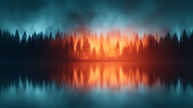 A forest fire blazes intensely behind tall pine trees, casting fiery reflections on a calm lake under a moody, smoky sky.