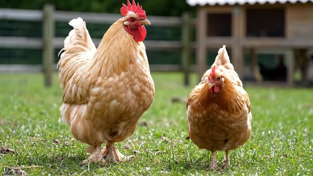 Two fluffy golden-brown birds with red combs graze in a grassy field near a wooden fence