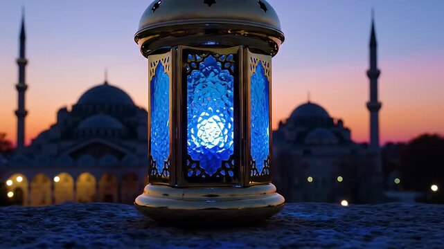 Traditional Islamic Ramadan lantern glowing with blue light in front of a mosque silhouette at dusk