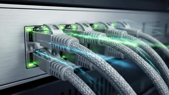 Ethernet cable plug with blue data streaming connected to network server. Fast internet connection to IT datacenter or computer server.