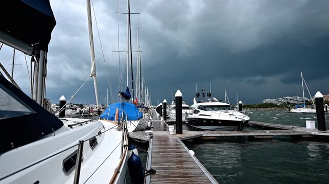 A marina with boats and yachts nestled along the wooden pier against a stormy sky