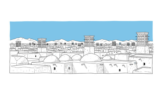 Traditional Middle Eastern city skyline with windcatchers and dome roofs