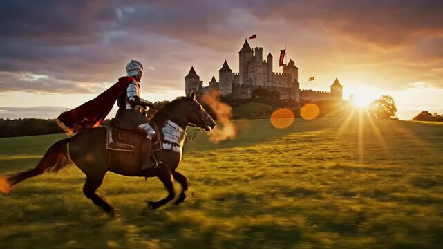 Galloping Knight in Armor Rides Horse Towards Majestic Castle at Golden Hour Sunset | Epic Medieval Scene