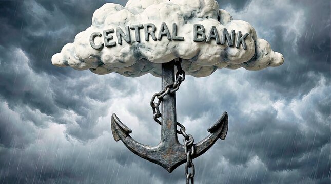 Central Bank: A metaphoric visual representation where the central bank serves as the steadfast anchor against economic storms. The imagery encapsulates financial stability.