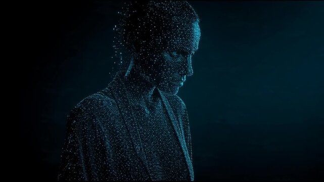 A pixelated man in a suit looks down, symbolizing data privacy day with a dark, mysterious background and blue tones.
