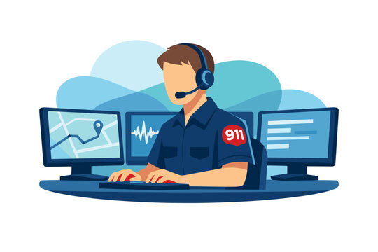Emergency Dispatcher Working at Computer Monitors.